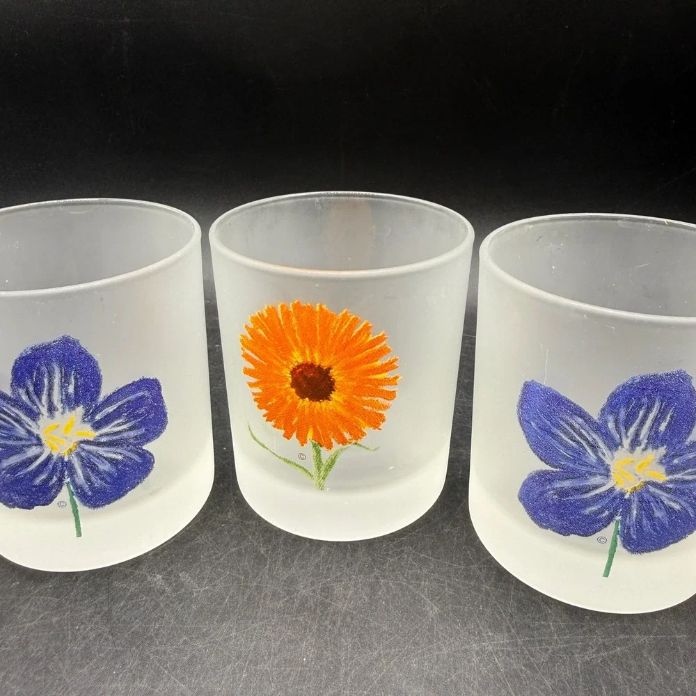 Vintage Dartington Designs France Frosted Lowball Glass Set 5 Floral Whiskey